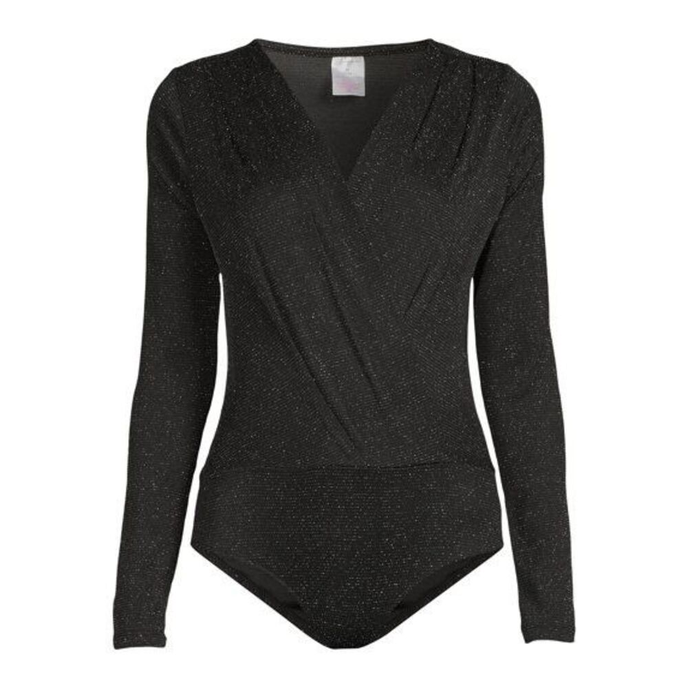 No Boundaries Juniors Shine Bodysuit Black Soot Silver Sparkle V-neck Wrap front